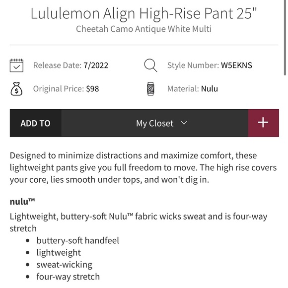 Lululemon Align High-Rise Pant 25" Cheetah Camo Antique White Multi size…new - Picture 5 of 13